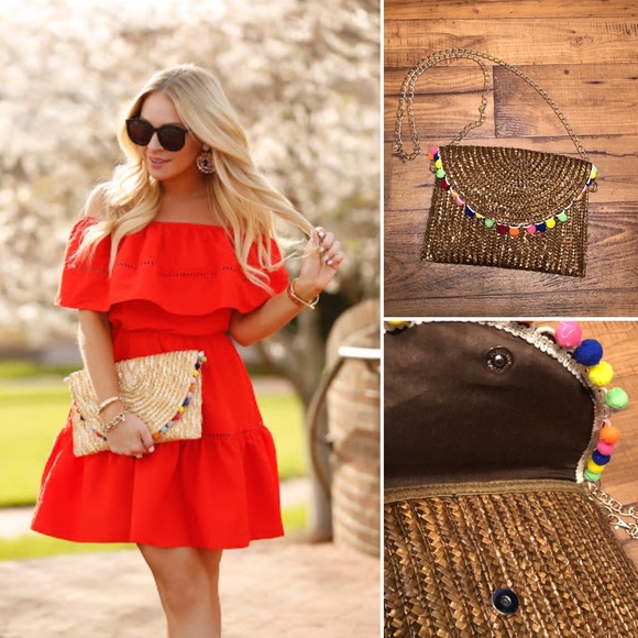 Pom-Pom Embellished Flap Straw Crossbody Bag - Picture 2 of 10